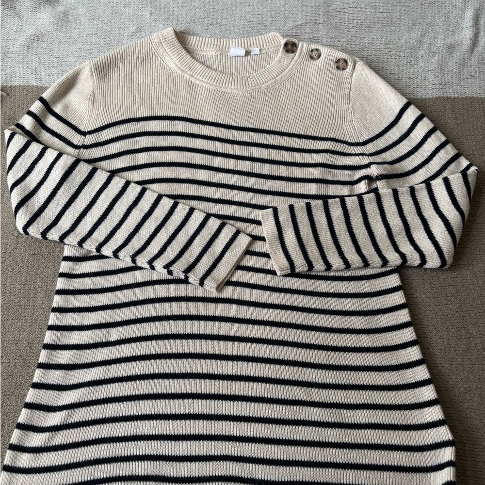 GAP Cream & Black Striped Button-Shoulder Crew Sweater